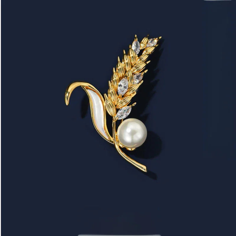 Shell Pearl Golden Wheat Brooch — front product view on a dark background