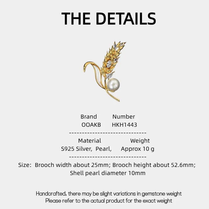 Shell Pearl Golden Wheat Brooch — specification card with material and size details