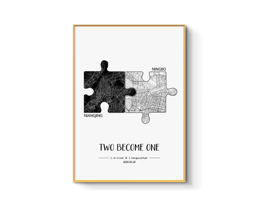 Two Cities, One Love – Puzzle Map Anniversary Print