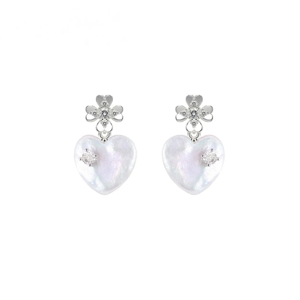 Pearl Heart Drop Earrings with Floral Tops — alternate isolated front pair