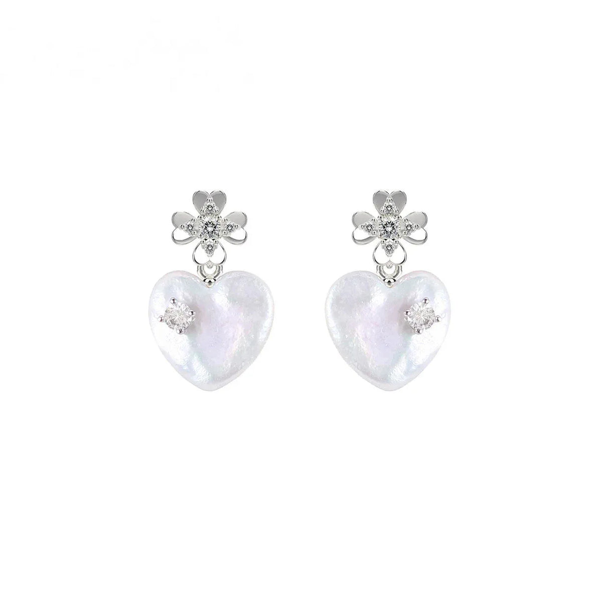 Pearl Heart Drop Earrings with Floral Tops — alternate isolated front pair