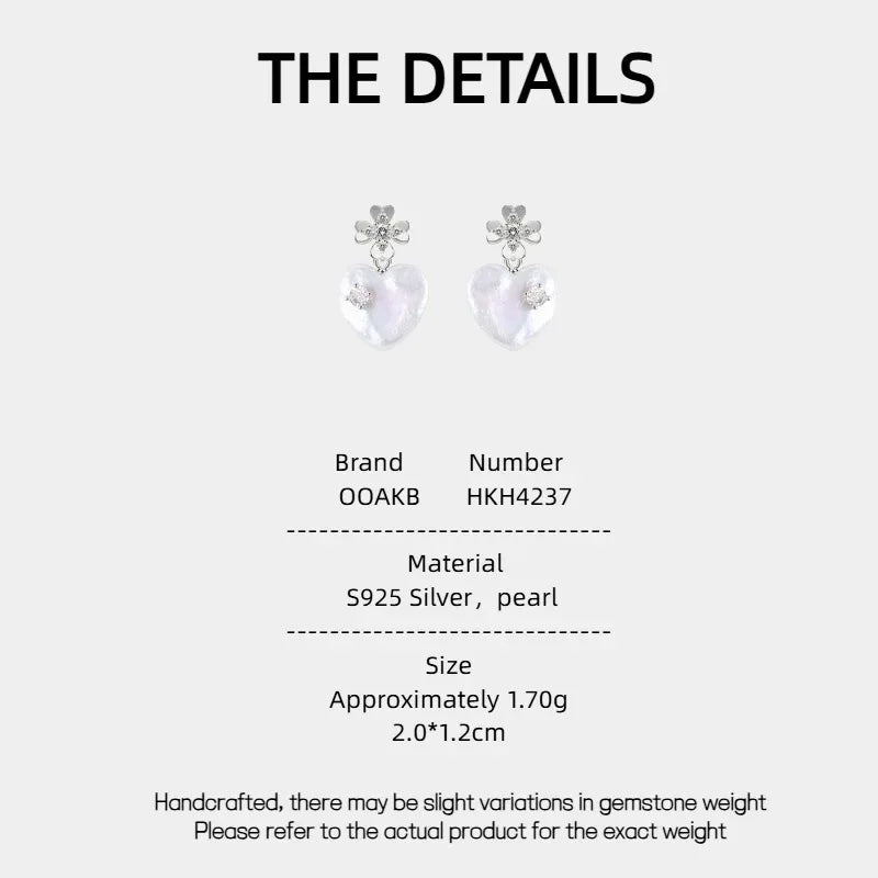Pearl Heart Drop Earrings with Floral Tops — specification card with material and size details