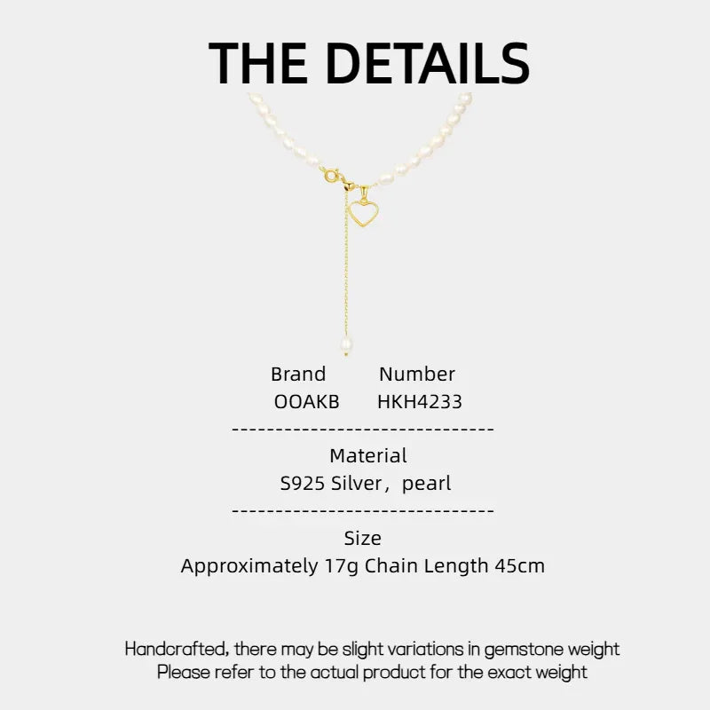 Pearl Toggle Lariat Necklace with Open Heart — specification card with material and size details