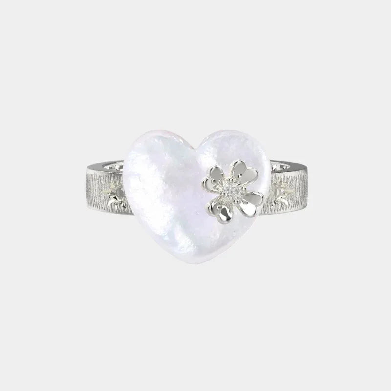 Baroque Pearl Heart Open Ring with Floral Detail — front view of open ring with heart pearl and flower detail