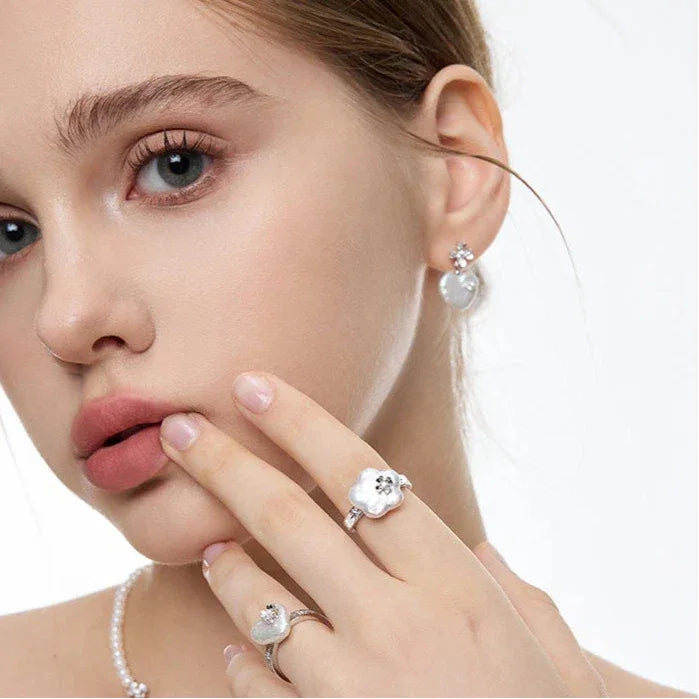 Baroque Pearl Heart Open Ring with Floral Detail — alternate hand-worn portrait