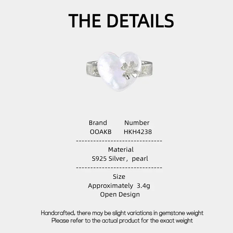 Baroque Pearl Heart Open Ring with Floral Detail — specification card with material and size details