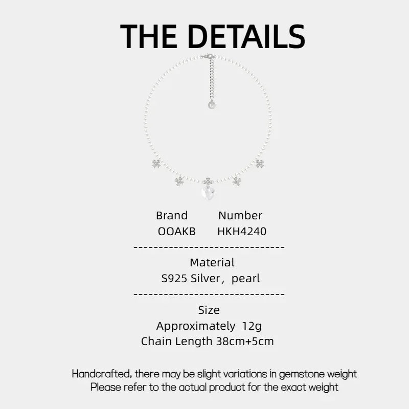 Pearl Heart Necklace with Floral Stations — specification card with material and size details