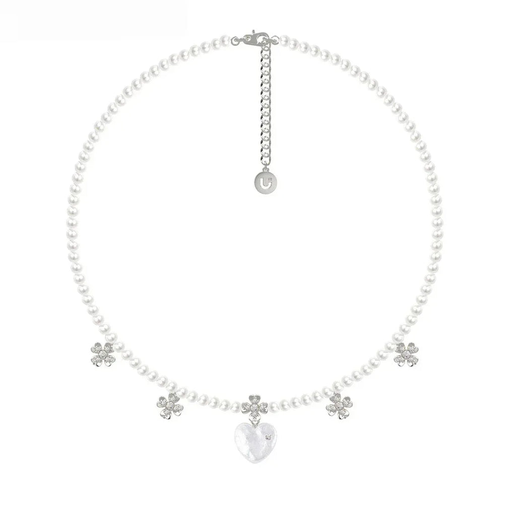 Pearl Heart Necklace with Floral Stations — alternate isolated full necklace view