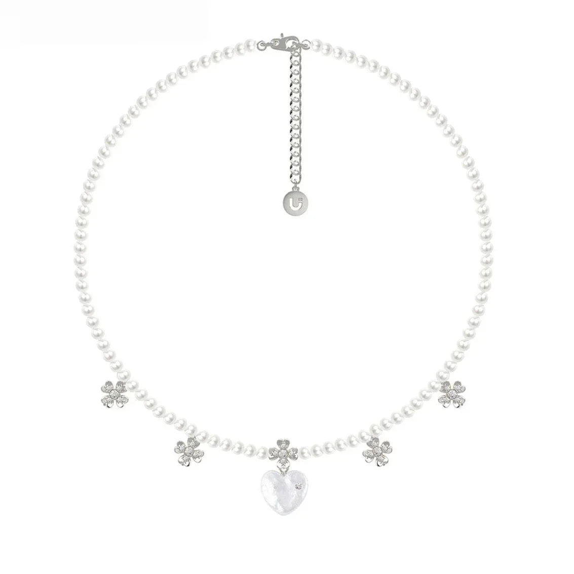Pearl Heart Necklace with Floral Stations — alternate isolated full necklace view