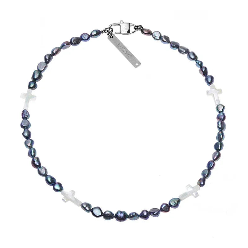 Dark Baroque Pearl Necklace with White Cross Accents — alternate isolated full necklace view