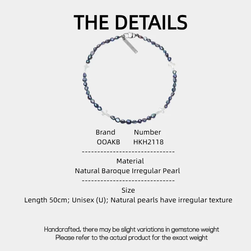 Dark Baroque Pearl Necklace with White Cross Accents — specification card with material and size details