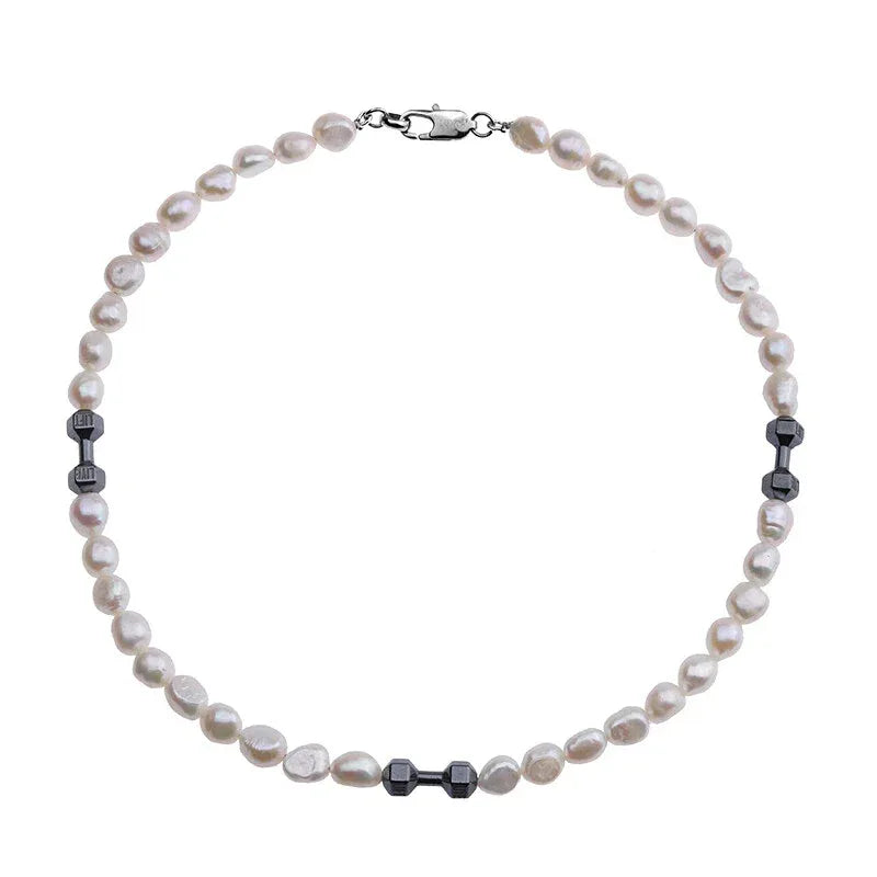 Baroque Pearl Necklace with Black Dumbbell Spacers — alternate isolated full necklace view