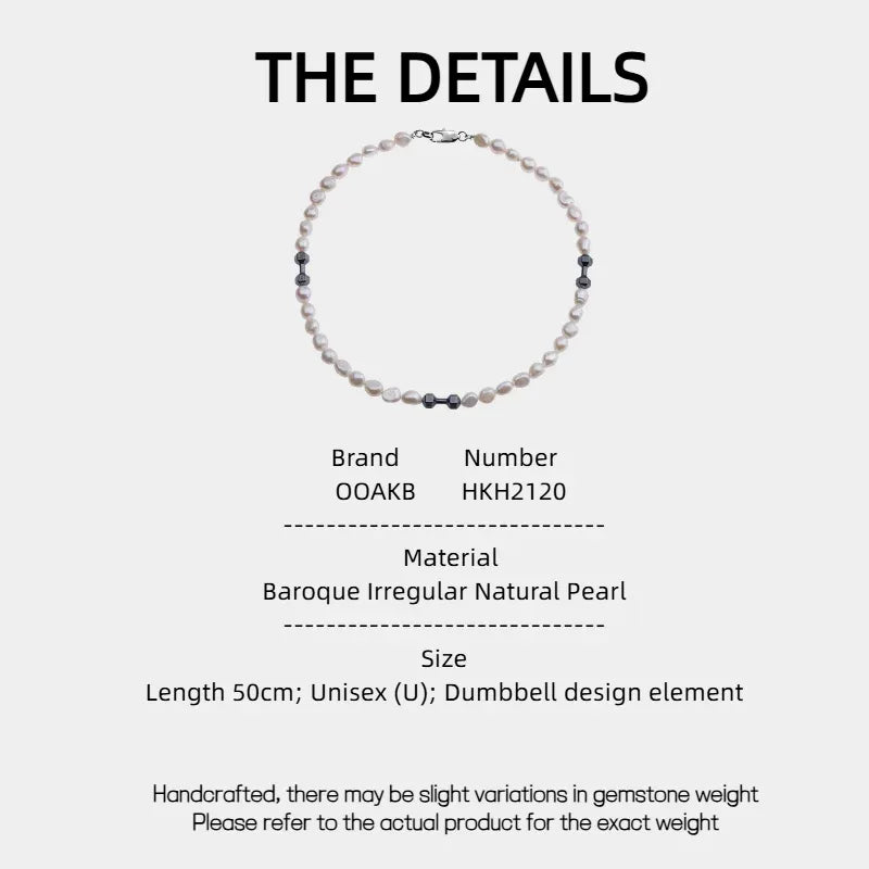 Baroque Pearl Necklace with Black Dumbbell Spacers — specification card with material and size details