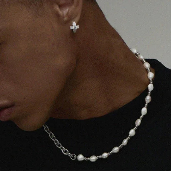 Baroque Pearl and Spiral Chain Half-and-Half Necklace — side neckline-worn portrait showing the transition between pearls