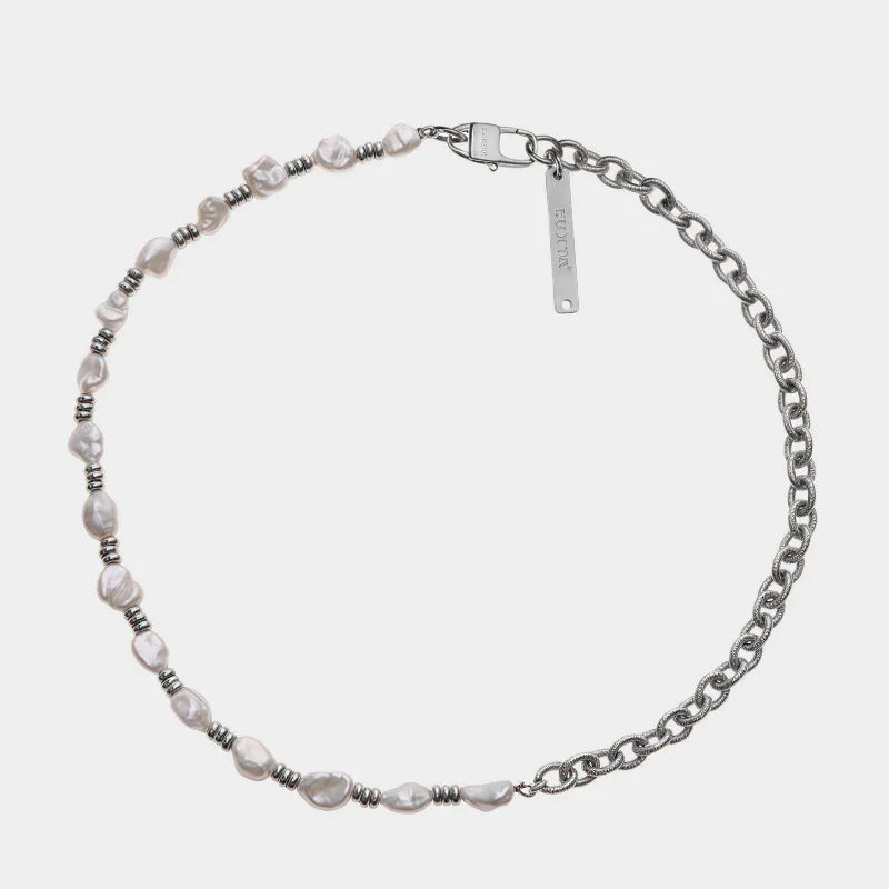 Baroque Pearl and Spiral Chain Half-and-Half Necklace — front view of half-baroque-pearl half-spiral-chain necklace