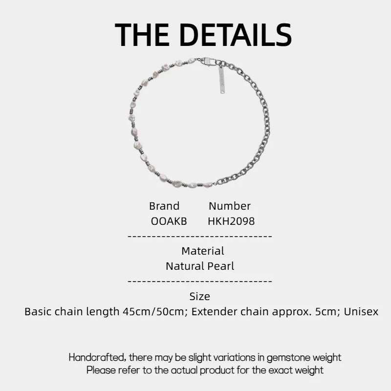 Baroque Pearl and Spiral Chain Half-and-Half Necklace — specification card with material and size details