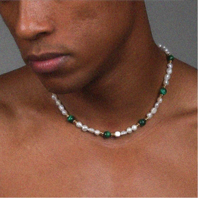Green and White Bead Layered Necklace — closer neckline-worn view showing the green and white bead spacing