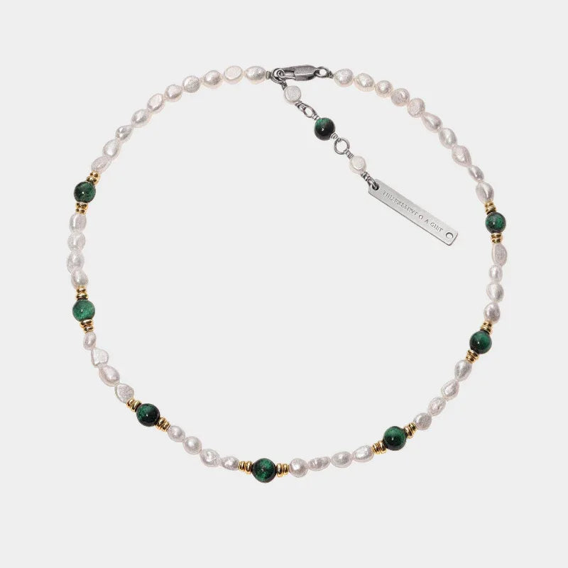 Green and White Bead Layered Necklace — front view of pearl and green-bead layered necklace