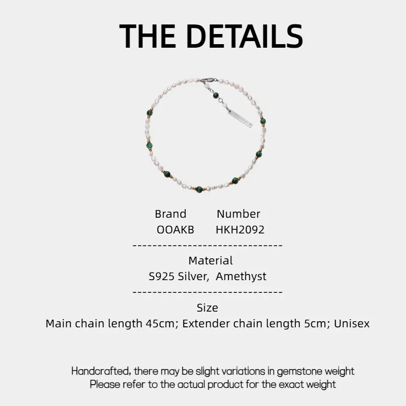 Green and White Bead Layered Necklace — specification card with material and size details