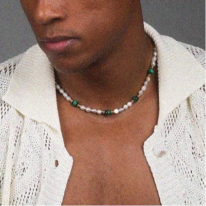 Green and White Bead Layered Necklace — front neckline-worn view over a white open-knit top