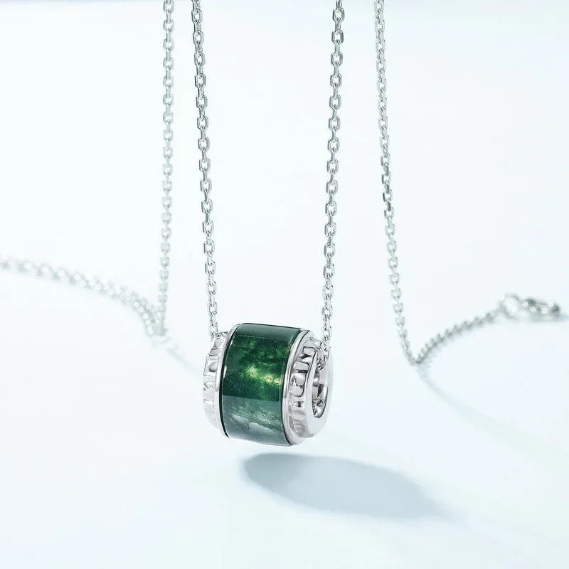 Barrel Moss Agate Pendant Necklace — angled pendant and chain detail 4