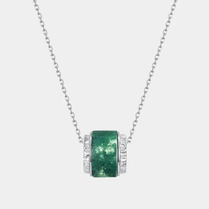 Barrel Moss Agate Pendant Necklace — full necklace view on a light background