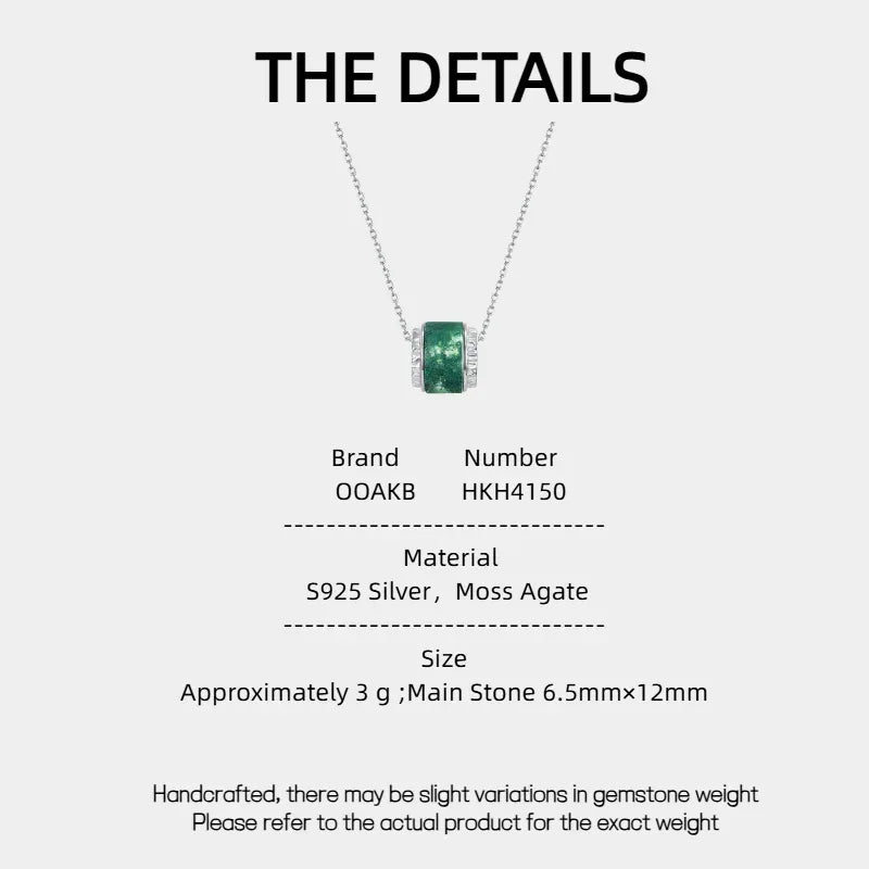 Barrel Moss Agate Pendant Necklace — Moss Agate specification card with material and measurements