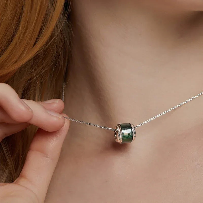 Barrel Moss Agate Pendant Necklace — pendant close-up 3