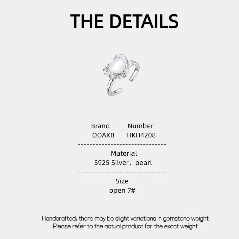 Open Pearl Heart Ring — specification card with material and size details