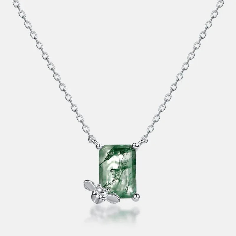 Bee-Shaped Moss Agate Pendant Necklace — angled pendant and chain detail 4