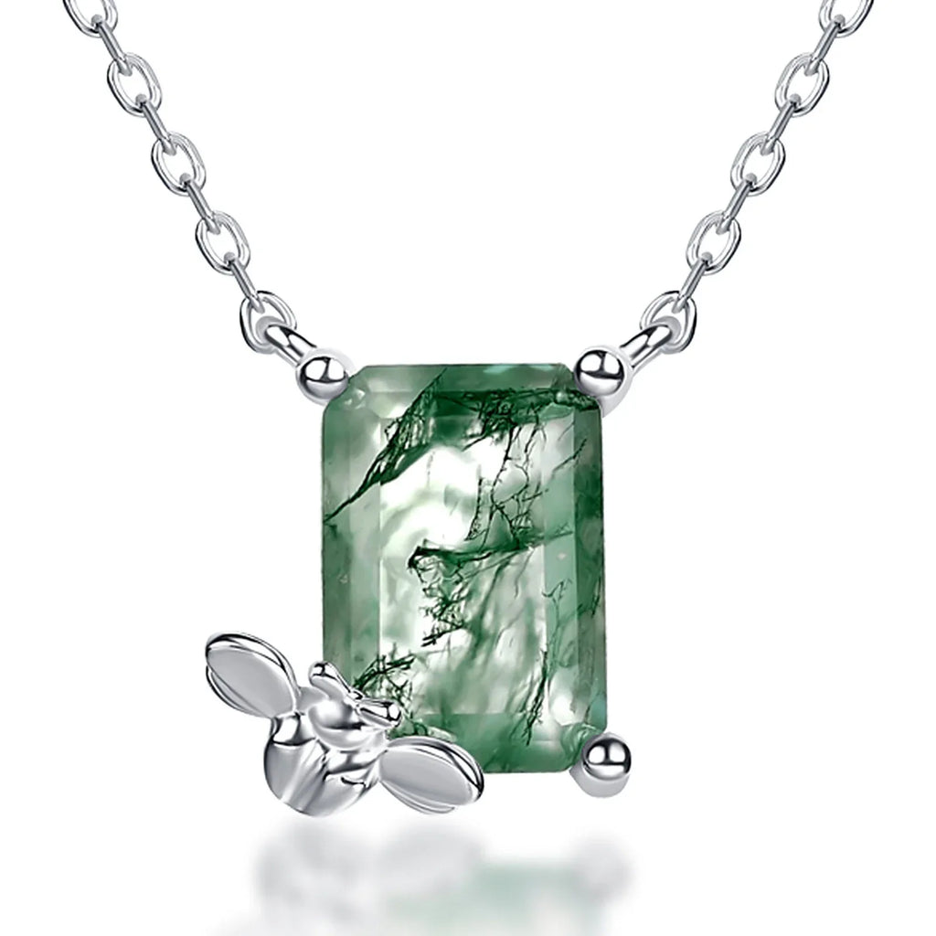 Bee-Shaped Moss Agate Pendant Necklace — full necklace arrangement 5
