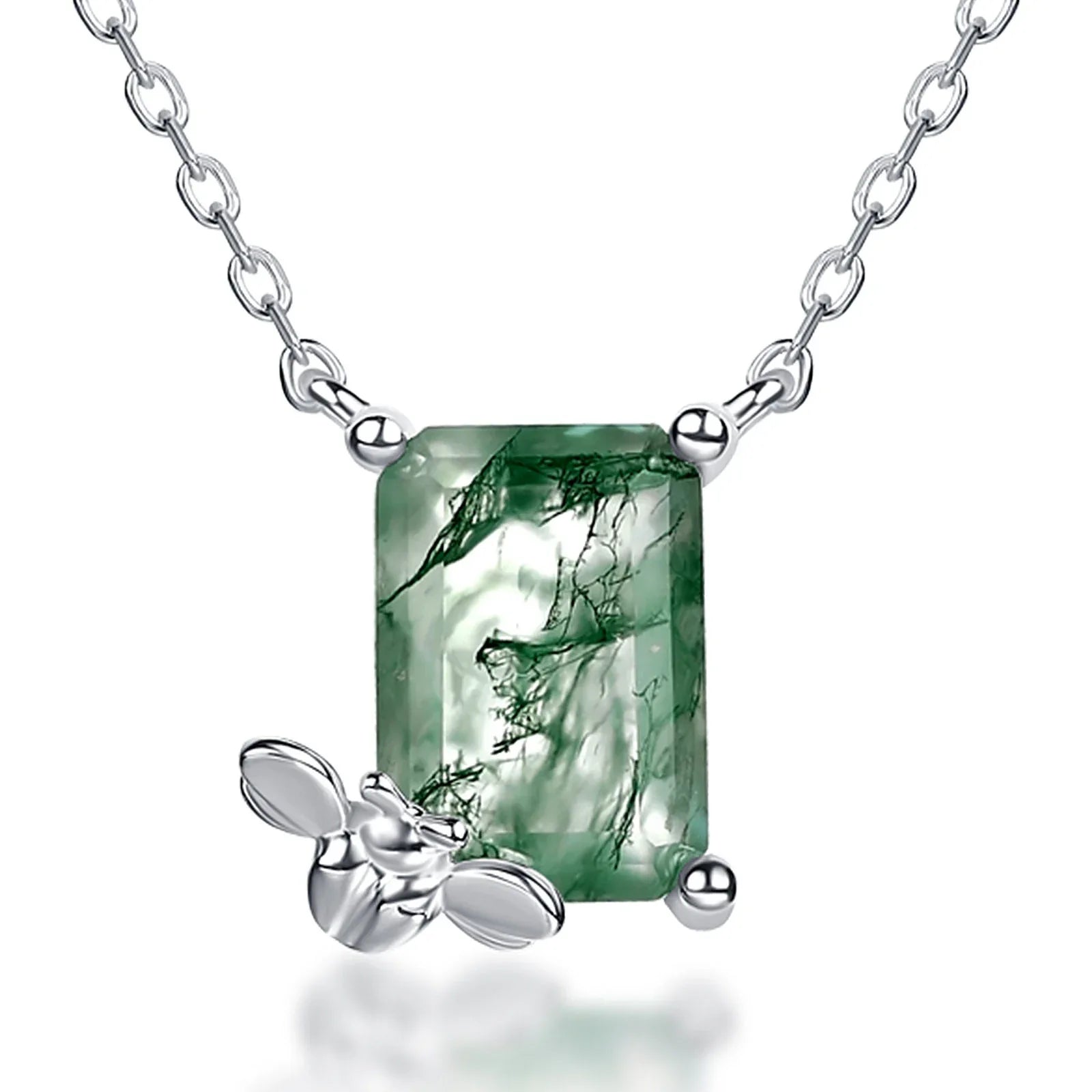 Bee-Shaped Moss Agate Pendant Necklace — full necklace arrangement 5