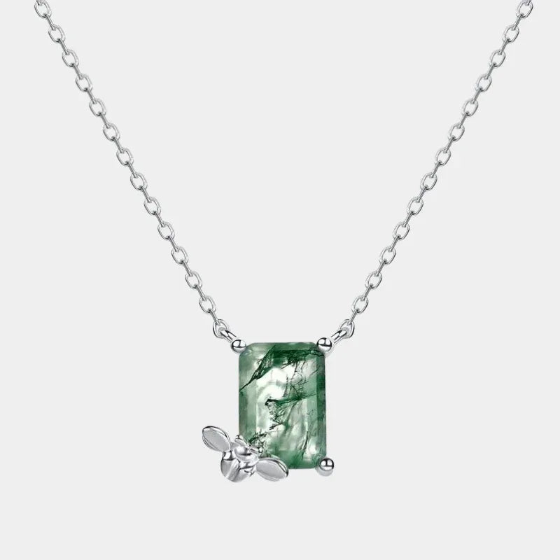 Bee-Shaped Moss Agate Pendant Necklace — full necklace view on a light background