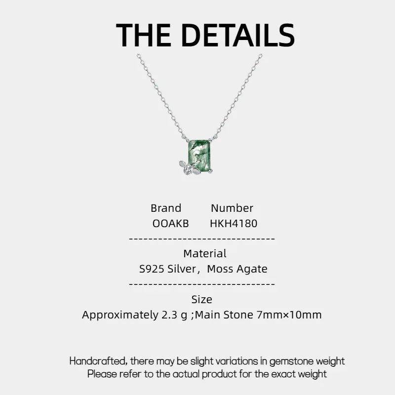Bee-Shaped Moss Agate Pendant Necklace — Moss Agate specification card with material and measurements