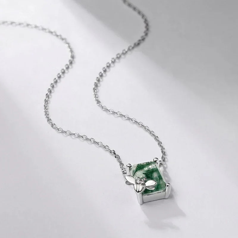Bee-Shaped Moss Agate Pendant Necklace — neckline scale view 2
