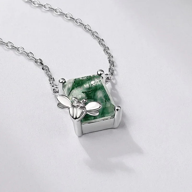 Bee-Shaped Moss Agate Pendant Necklace — pendant close-up 3