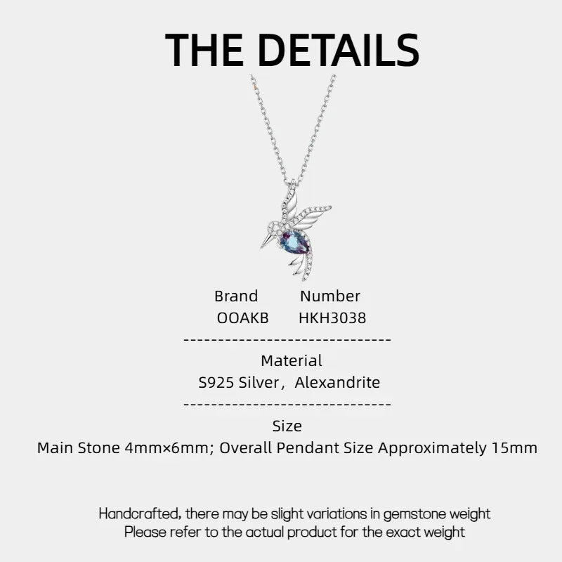 Bird-shaped pendant necklace with a Alexandrite body, product specification card with text
