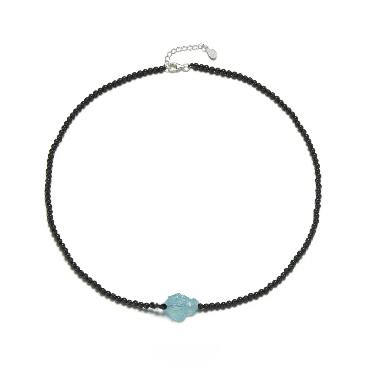 Black Agate and Raw Aquamarine Beaded Necklace angled pendant detail on white