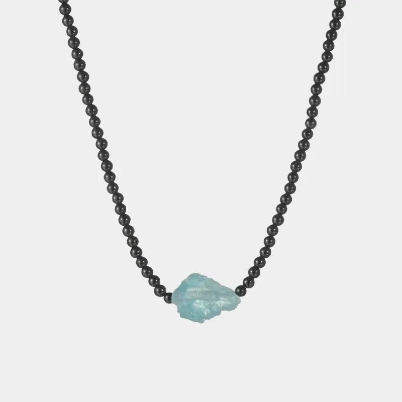 Black Agate and Raw Aquamarine Beaded Necklace full necklace view on a white background