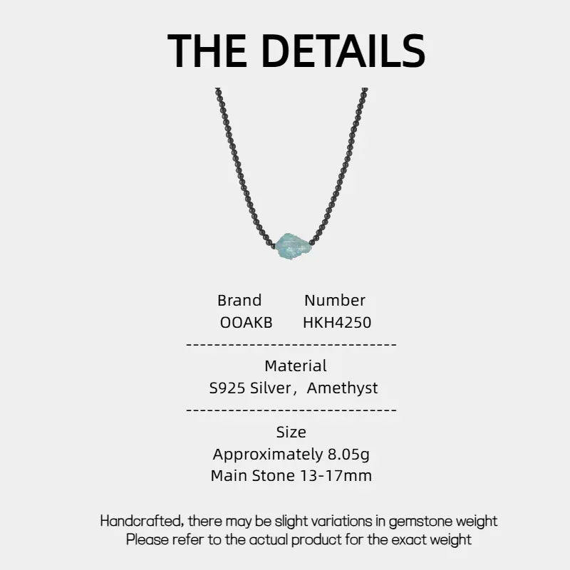 Black Agate and Raw Aquamarine Beaded Necklace specification card with product measurements
