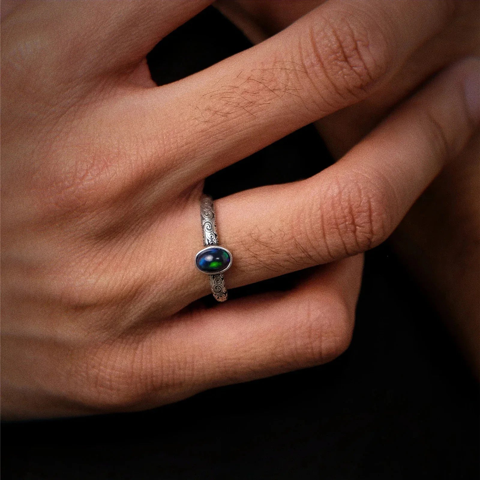 Black Opal Oval Adjustable Ring angled product view