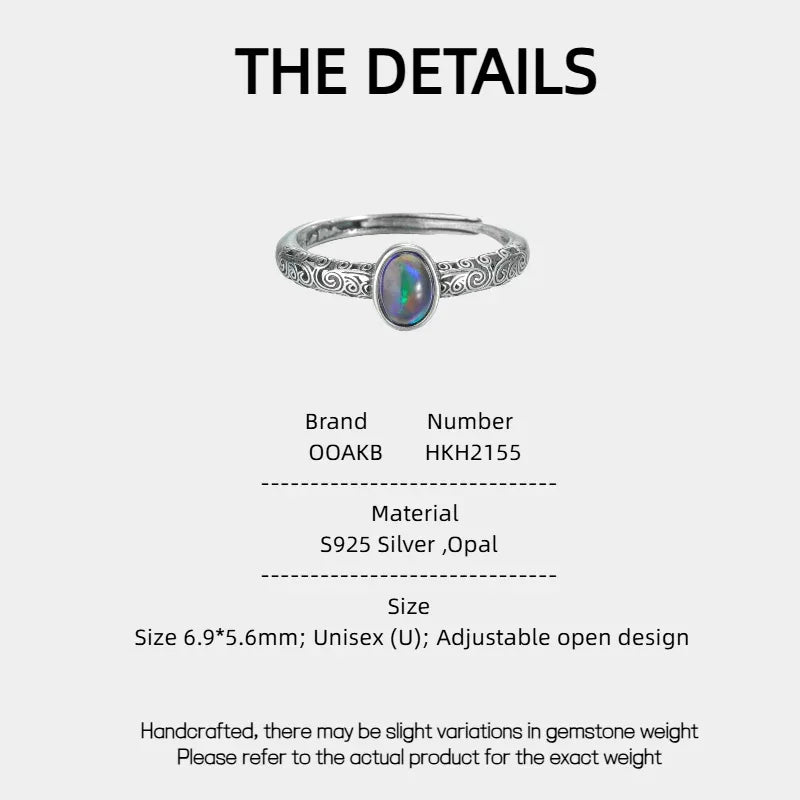 Black Opal Oval Adjustable Ring specification card with material and size details