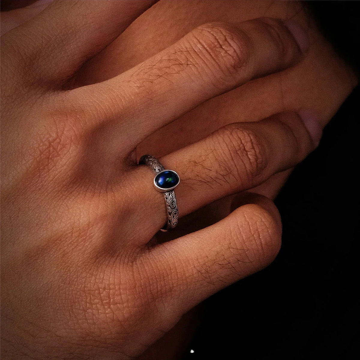 Black Opal Oval Adjustable Ring top setting detail