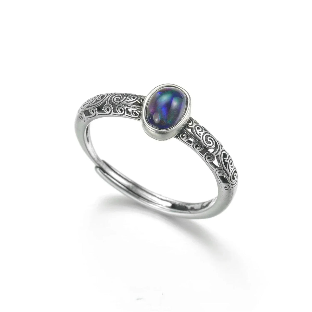 Black Opal Oval Adjustable Ring worn on the hand from another angle