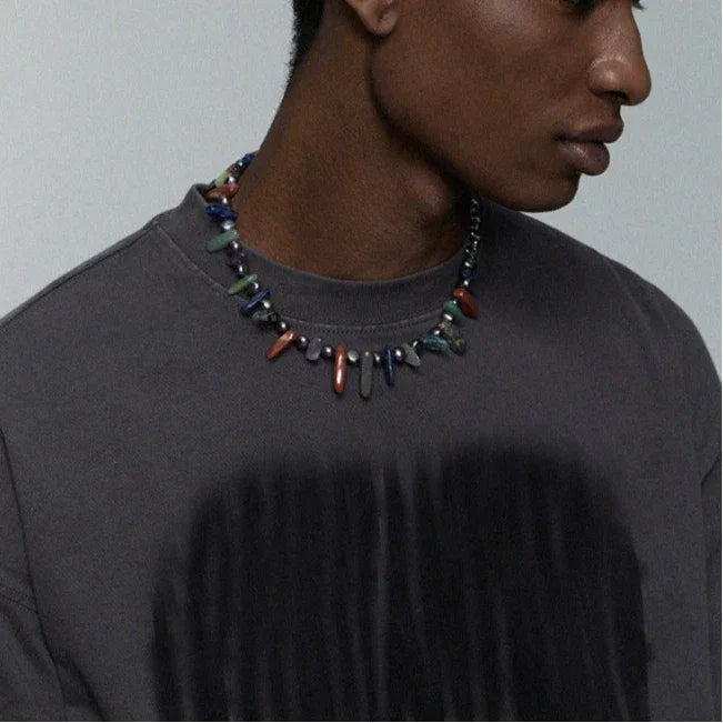 Black Pearl and Colorful Jade Chip Necklace — portrait showing the multicolor chip section across the collar