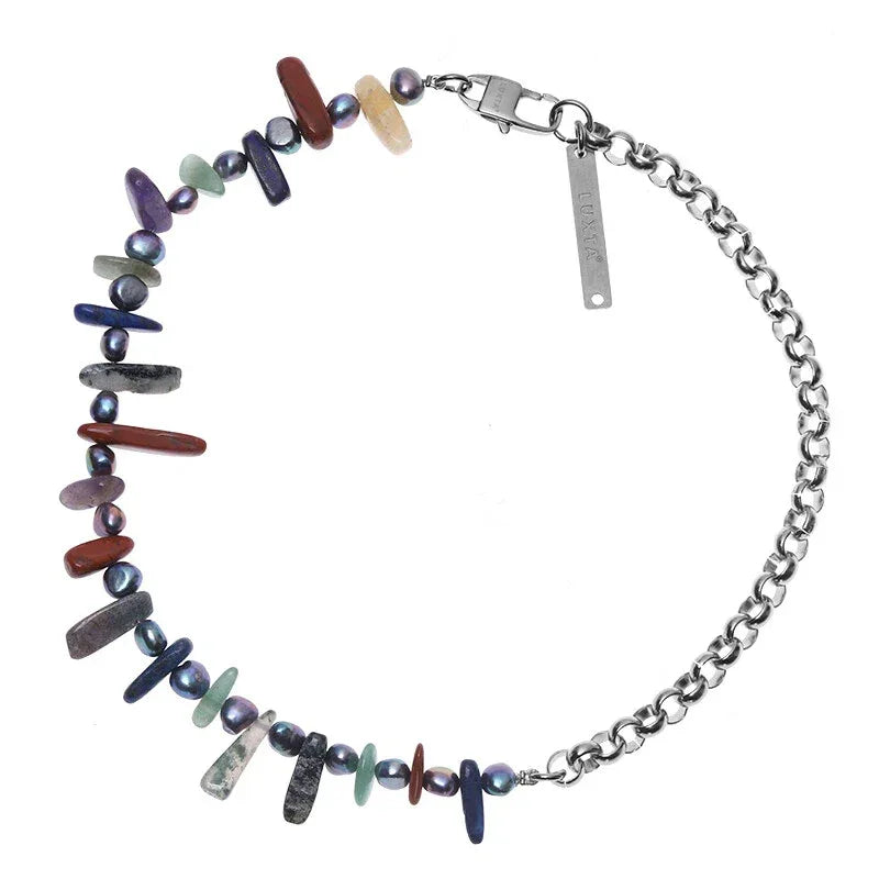 Black Pearl and Colorful Jade Chip Necklace — alternate isolated full necklace view