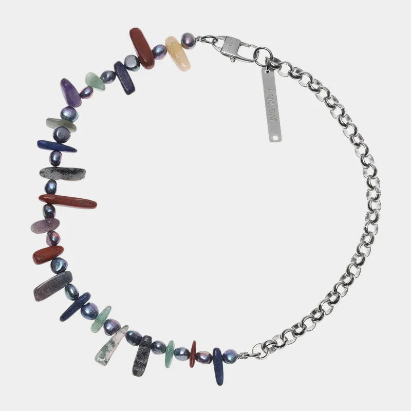 Black Pearl and Colorful Jade Chip Necklace — front view of asymmetrical necklace with colorful elongated chips