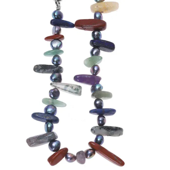 Black Pearl and Colorful Jade Chip Necklace — close view showing varied chip lengths and colors