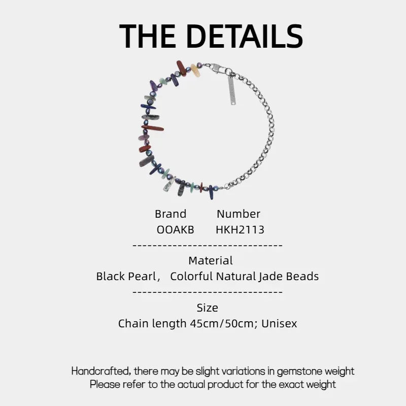 Black Pearl and Colorful Jade Chip Necklace — specification card with material and size details