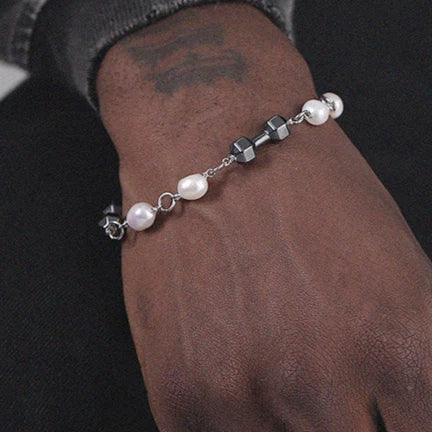 Black Pearl and Obsidian Beaded Bracelet — closer wrist-worn view showing the pearl and obsidian spacing
